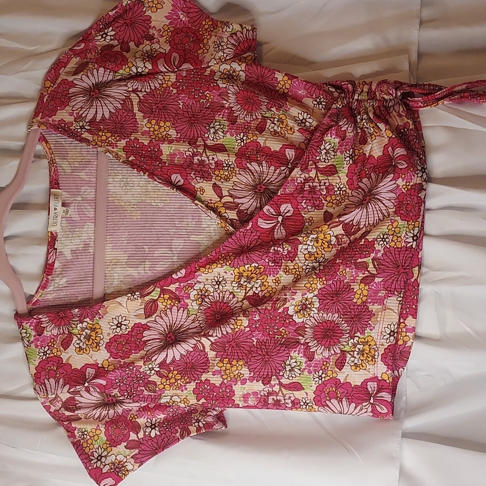 Cropped Floral Ruched Faux Wrap Top by ULTRA FLIRT